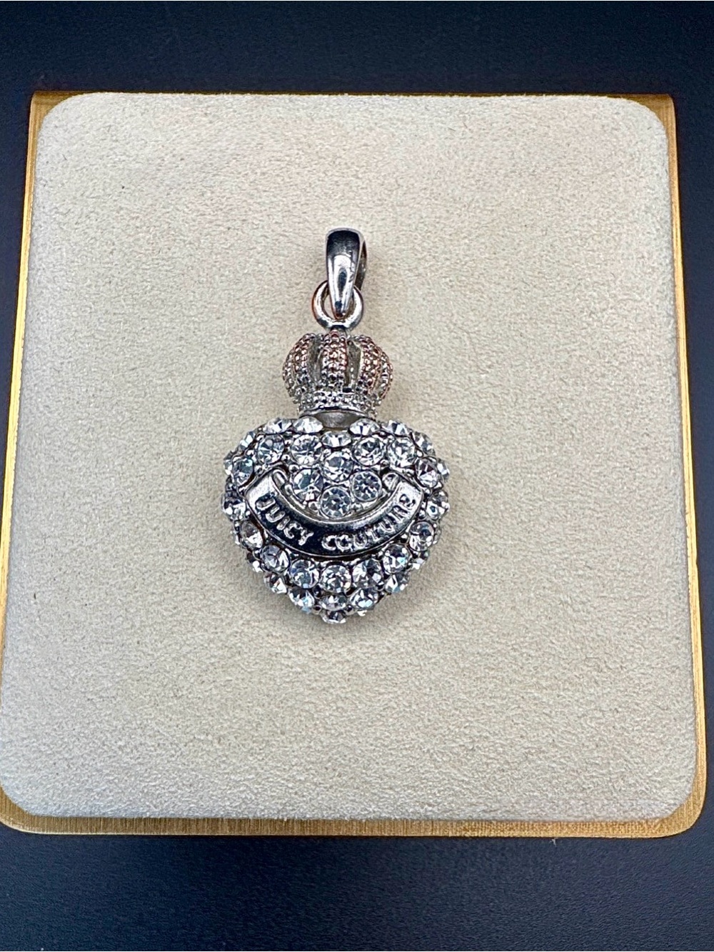 Vintage Y2K Juicy Couture Silver Crystal Heart and Crown Charm Pendant